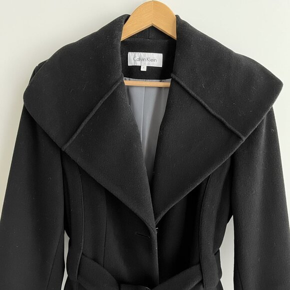 Calvin Klein Black Wool Blend Belted Coat Size 8 | Designer | EUC - Picture 3 of 9